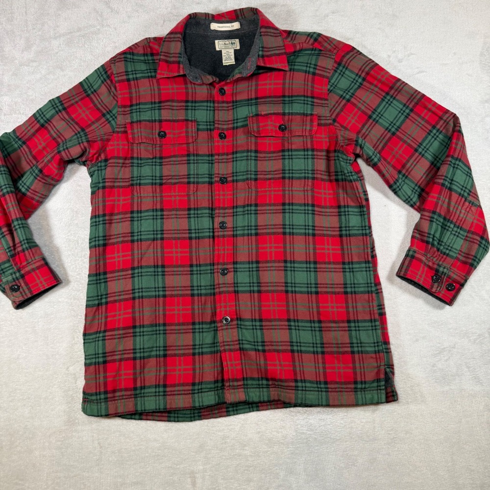 LL Bean Mens Fleece Lined Flannel Shirt Red Green Plaid Traditional Fit 250393 M